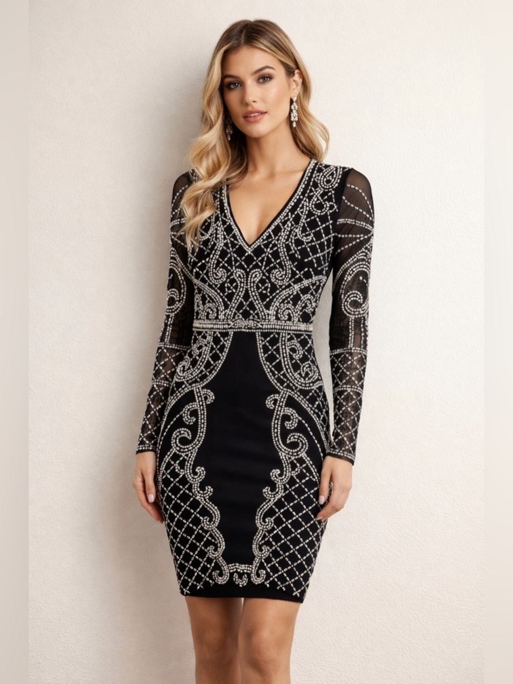 XSCAPE Black Long Sleeve White Silver Bead Embellishment Dress size 8 - Picture 2 of 10